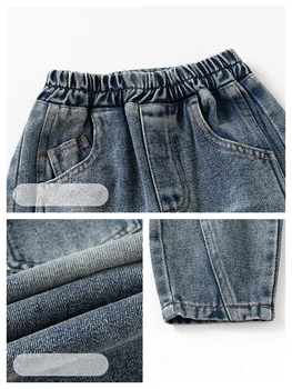 2026 Spring 2-6Y Childrens Pants Curved Blade Silhouette Jeans for Boys Washed Finish Elastic Waistband Denim Pants 4