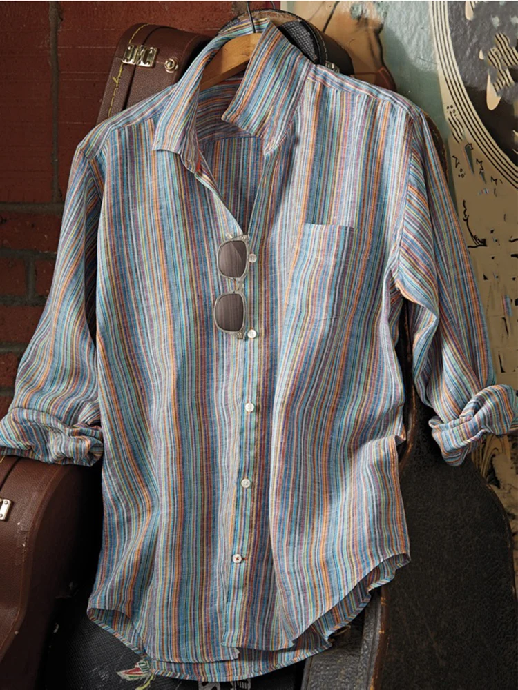 Spring Men's Long Sleeve Casual Style Polyester Material 2025 New Fashion Collar Single breasted Colorful Striped Shirt