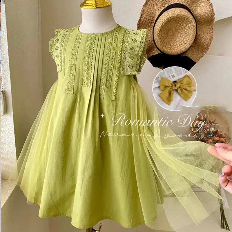 Baby Girls Dress Casual Patchwork Clothes Summer 2023 New Korean Cotton Linen Girls Princess Dress O-neck Collar Ruched Dress