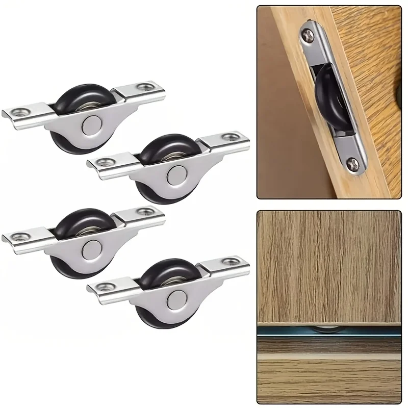 4pcs Heavy-Duty Metal Sliding Door Rail Kits with 4 Black Plastic Wheels - Easy-Glide Cabinet Door Fittings for Smooth Sliding