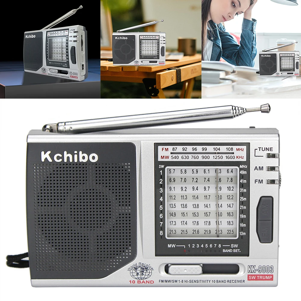 KK-9803 Mini Portable Radio 3.5MM Jack FM/MW/SW1-8 Pocket Radio Built-In Speaker Full 10 Band Radio Battery Operated for Elder