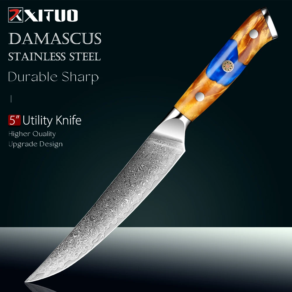 Japanese Kitchen Utility Knife 5" Damascus Small Chef Knife, Full Tang Japanese Petty Knives for All Purpose, Sharp Paring Knife