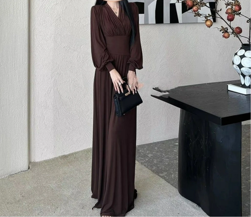 

2025 Autumn New Fashionable Elegant Long Sleeve Dress V-neck High Waist Slimming Women's Dress