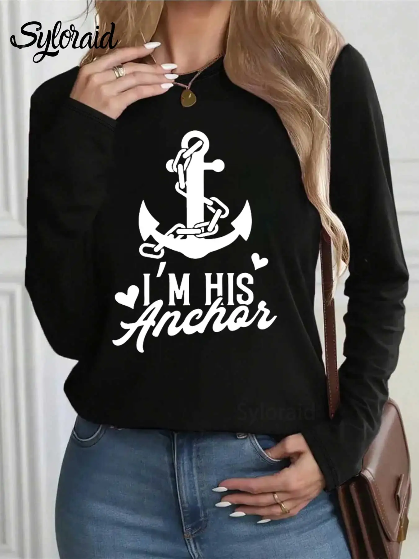 Camiseta feminina de manga comprida "I'm His Anchor" Camiseta estampada para casais dos namorados moda gola redonda top casual