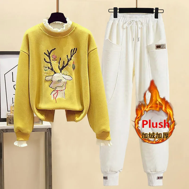 Winter Warm Plush Sweatshirt for Women Korean Fashion Casual Loose Animal Deer Tops Long Pants Outfits Lady Sports Trousers Set