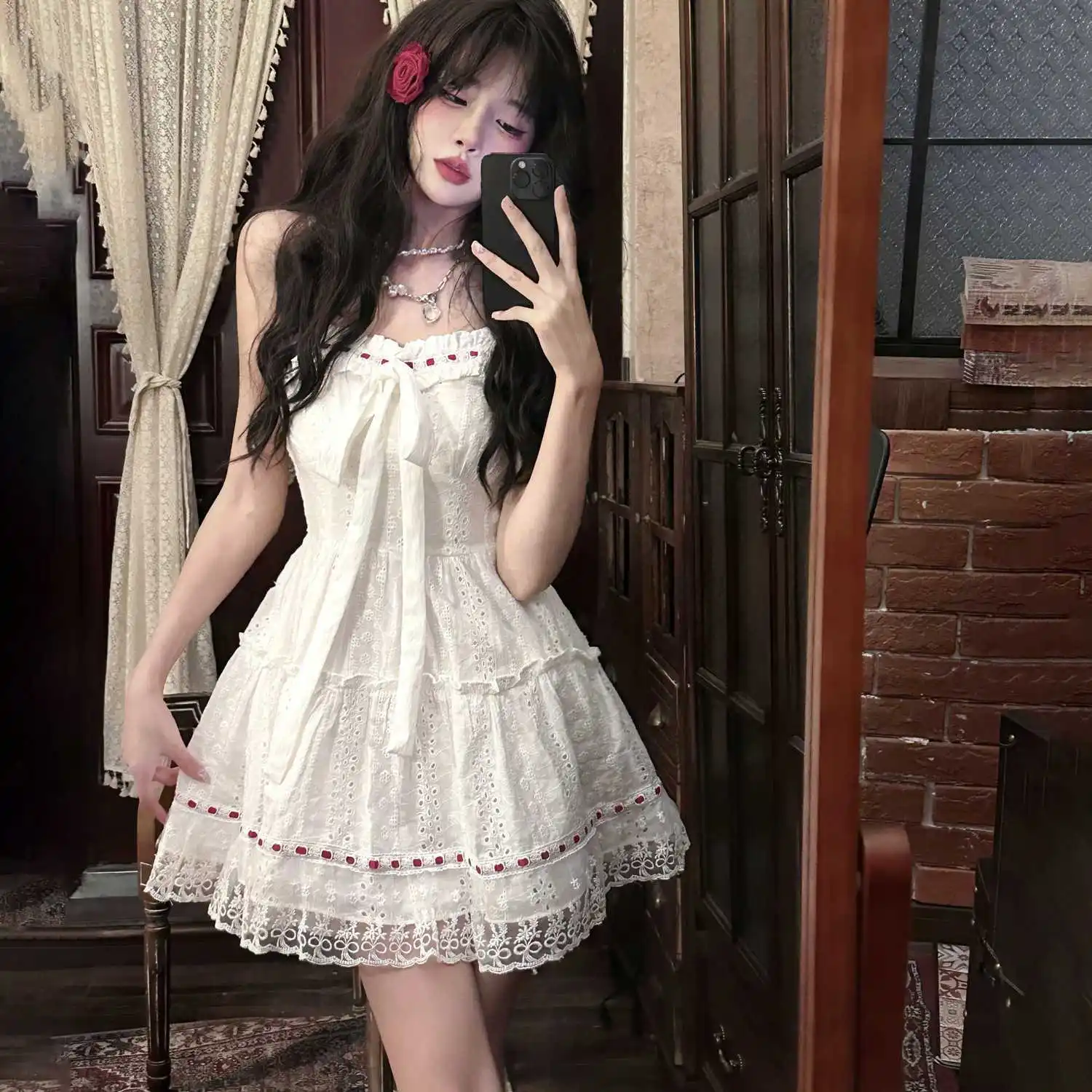 

Japan Summer Girl White Lace Hollow Sweet Short Suspender Dress