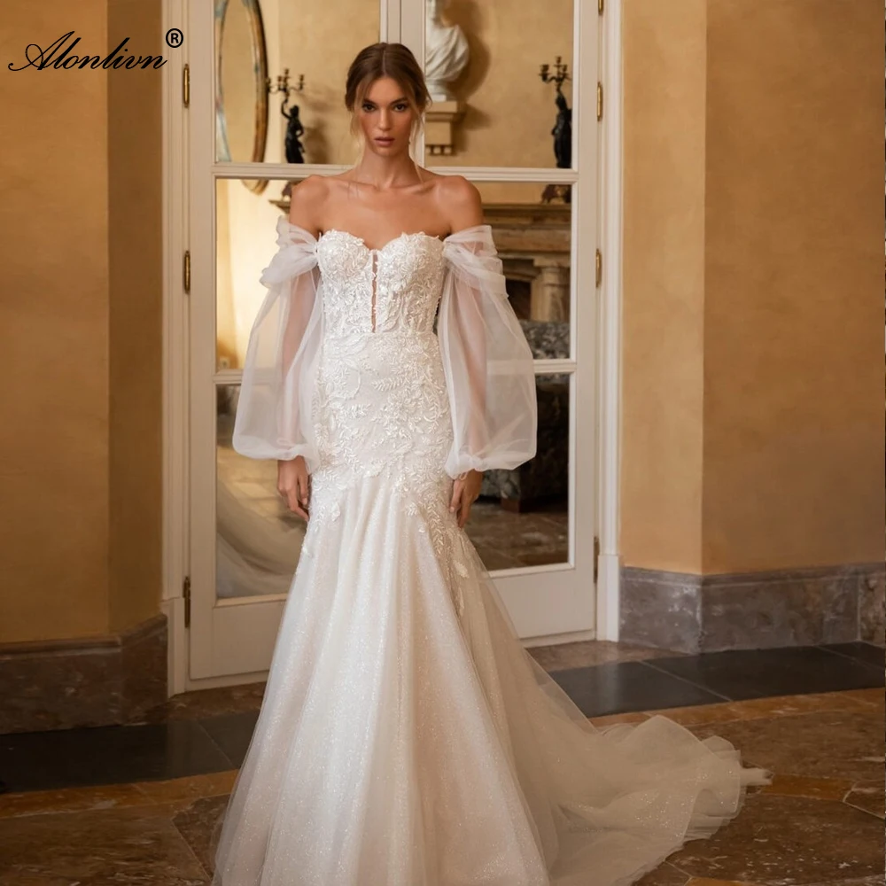 

Alonlivn Modern Tulle Sweetheart Mermaid Wedding Dress With Removable Sleeves Shiny Beading Lace Trumpet Bridal Gowns