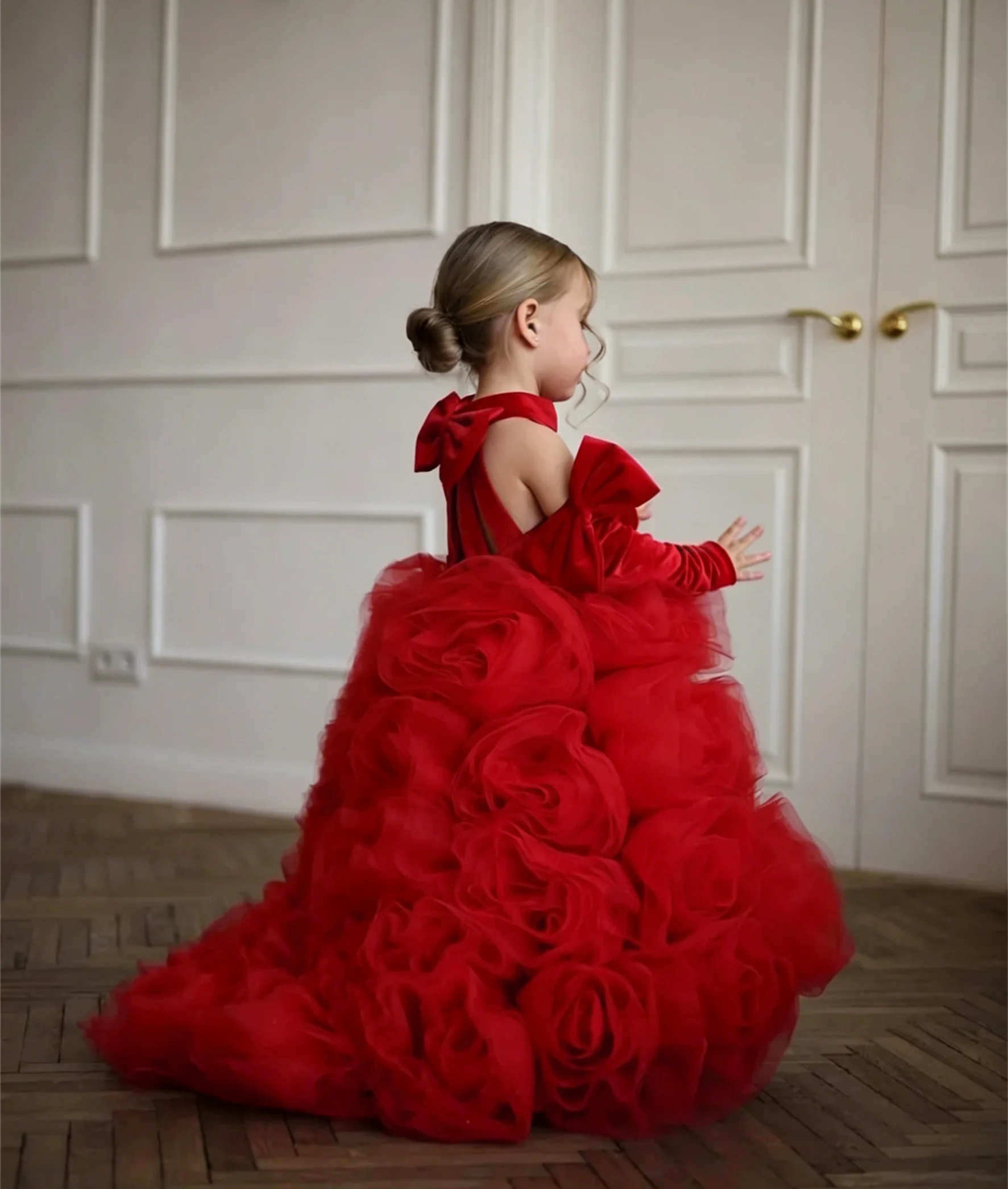 Princess Red Flower Girl Dress for Wedding Halter with Bows Floor Lenght Infant Baptism Gowns First Communion Gowns Custom