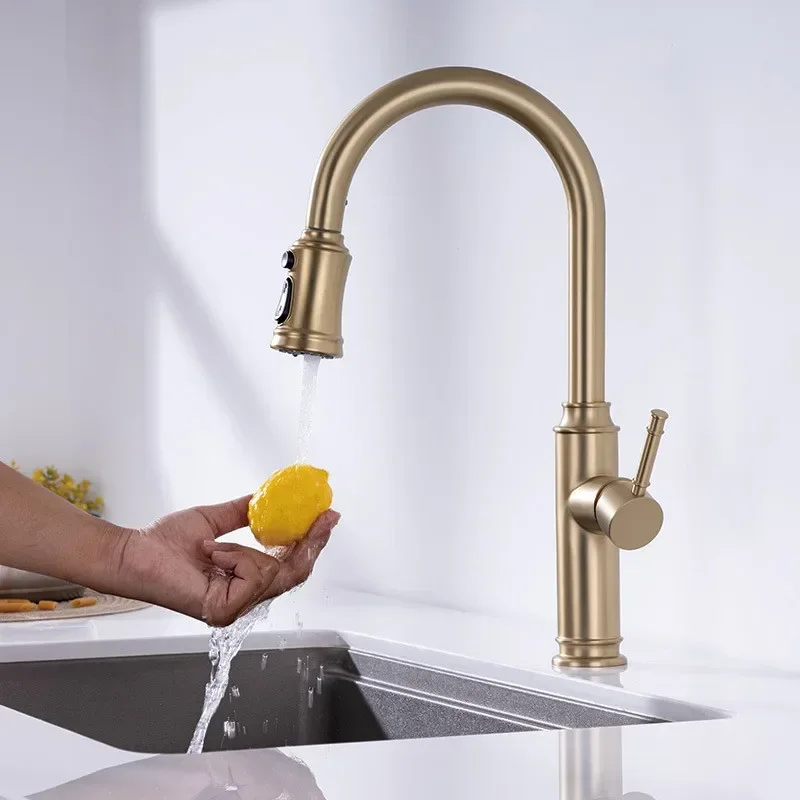 Brushed Gold Pull Out Kitchen Faucet Brass Gray Sink Faucet Tap 360 degree rotation torneira cozinha mixer taps Gold Kitchen Tap