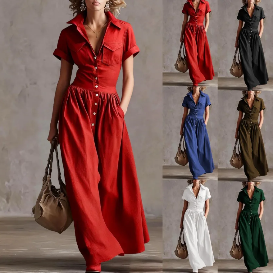 

【New style】2026 summer new source pure color fashionable western style women's short-sleeved long dress