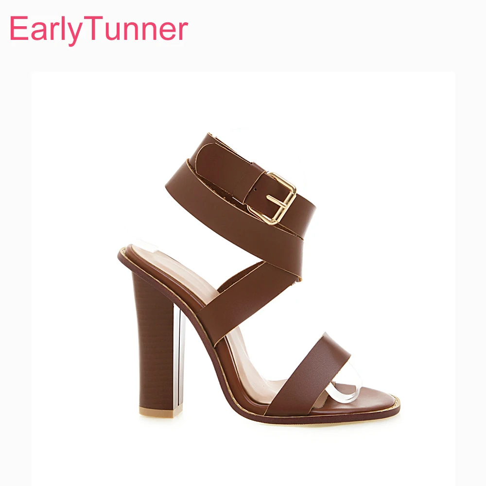 

Летние сексуальные коричневые босоножки с ремешком на щиколотке для женщин, на высоком устойчивом каблуке, повседневная обувь, большие и маленькие размеры 11, 32, 46, 48