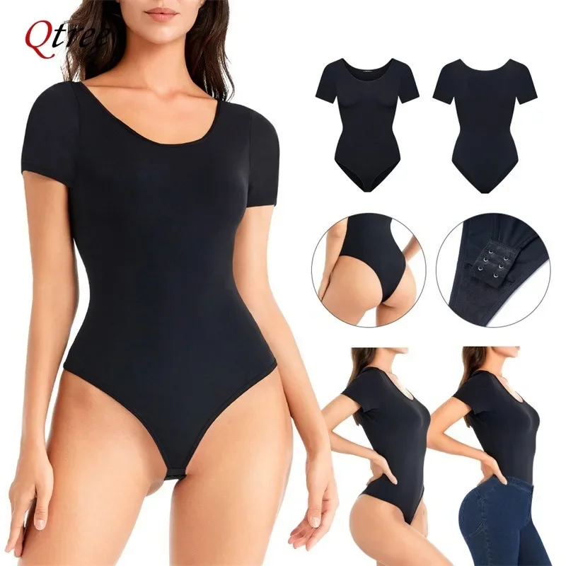 Qtree Womens Tummy Control Bodysuit Shapewear Seamless Sleeveless Waist Trainer Tank Tops Body Shaper Short Sleeve Butt Lifter