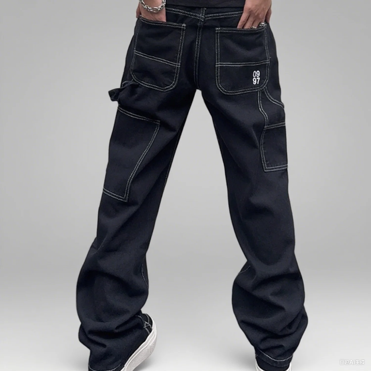 

Men's Summer Thin Black Denim Jeans High-Street Washed and Distressed Casual Wide-Leg Trousers for Men Trendy Prints New Style