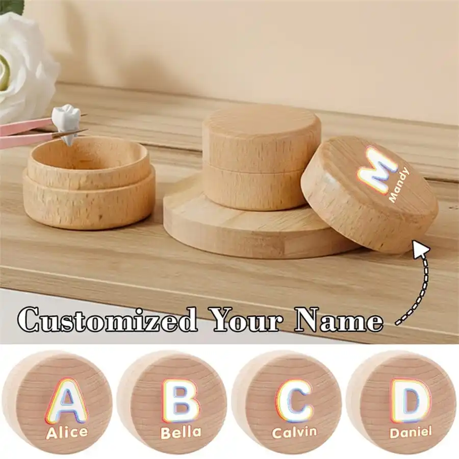 Customized Name Wooden Tooth Box Lost Teeth Saver Case Keepsake Umbilical Cord Box Personalized Rainbow Gradient Pattern