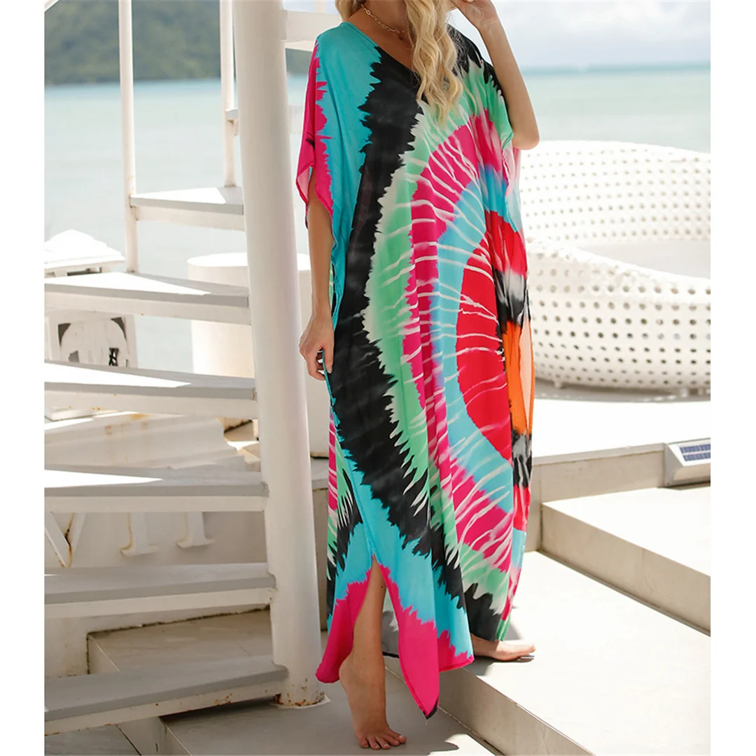 Bedrucktes, kurzärmeliges, V-Ausschnitt-Strandkleid aus Häkelgarn, langes Strandkleid, Strandmode, Damenmode, V7199 – Detail 7