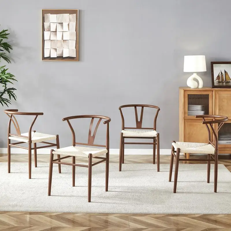 Juego de 4 sillones de estilo medieval en forma de Y para mesa de comedor, asiento tejido, ferrería marrón con patrón de cuerda natural