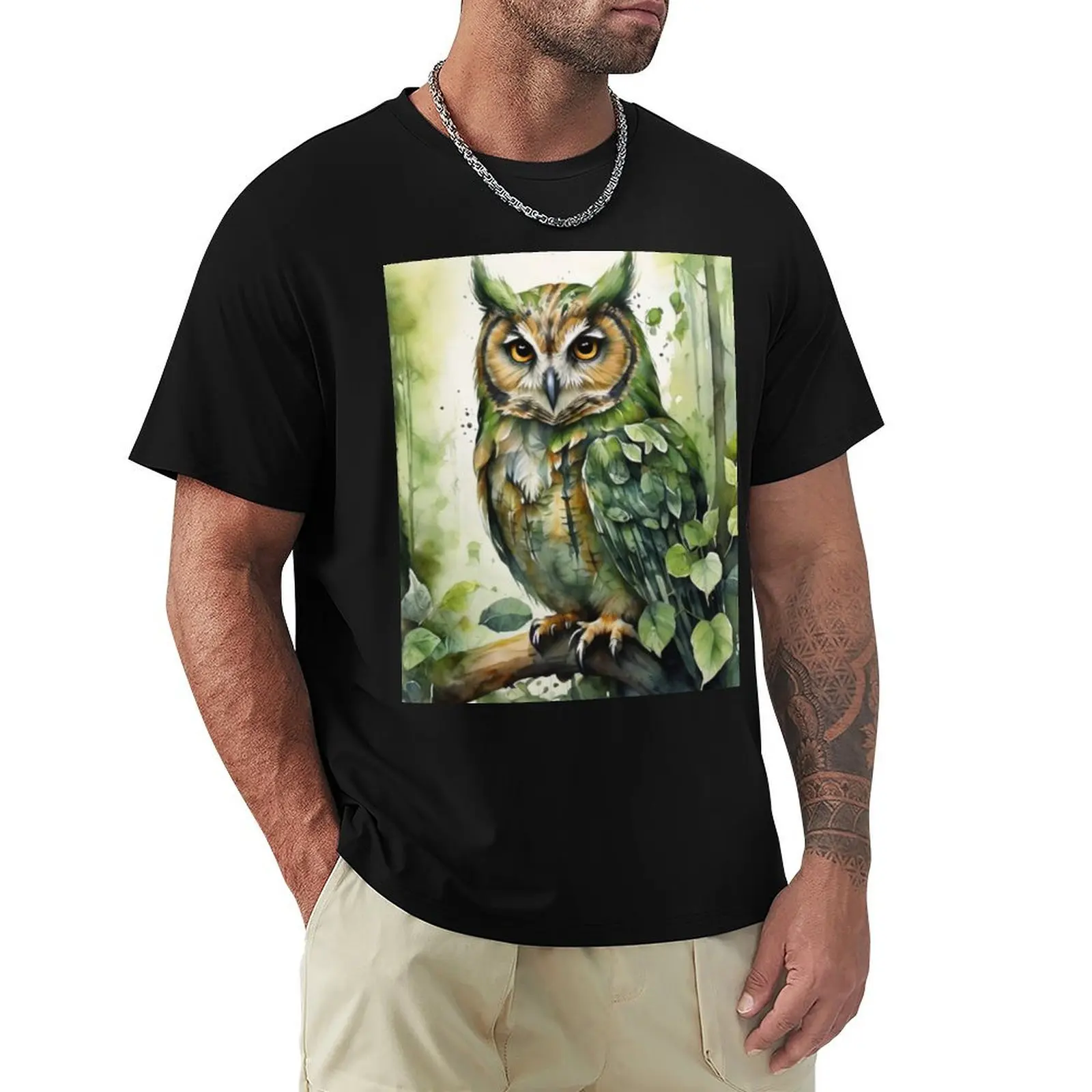 

Owl bird in green forest watercolor painting T-Shirt essential t shirt blacks man t shirt quick-drying workout shirts for men