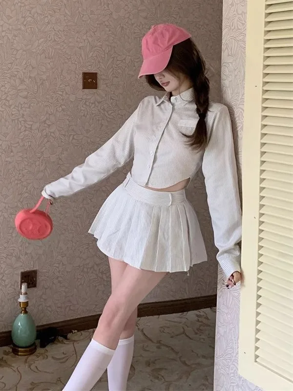 

Korean Striped Collar Long Sleeve Shirt Top High Waist Half Skirt Two Piece Set Fashionable Commute Style Women's Ensemble
