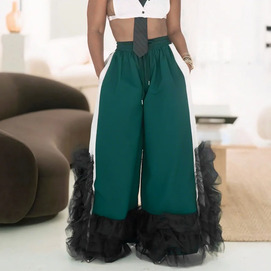 Summer New Women's High Waist Mesh Patchwork Ruffle Wide Leg Pants Fashion Personality Slimming Casual Comfort Allmatch Trousers