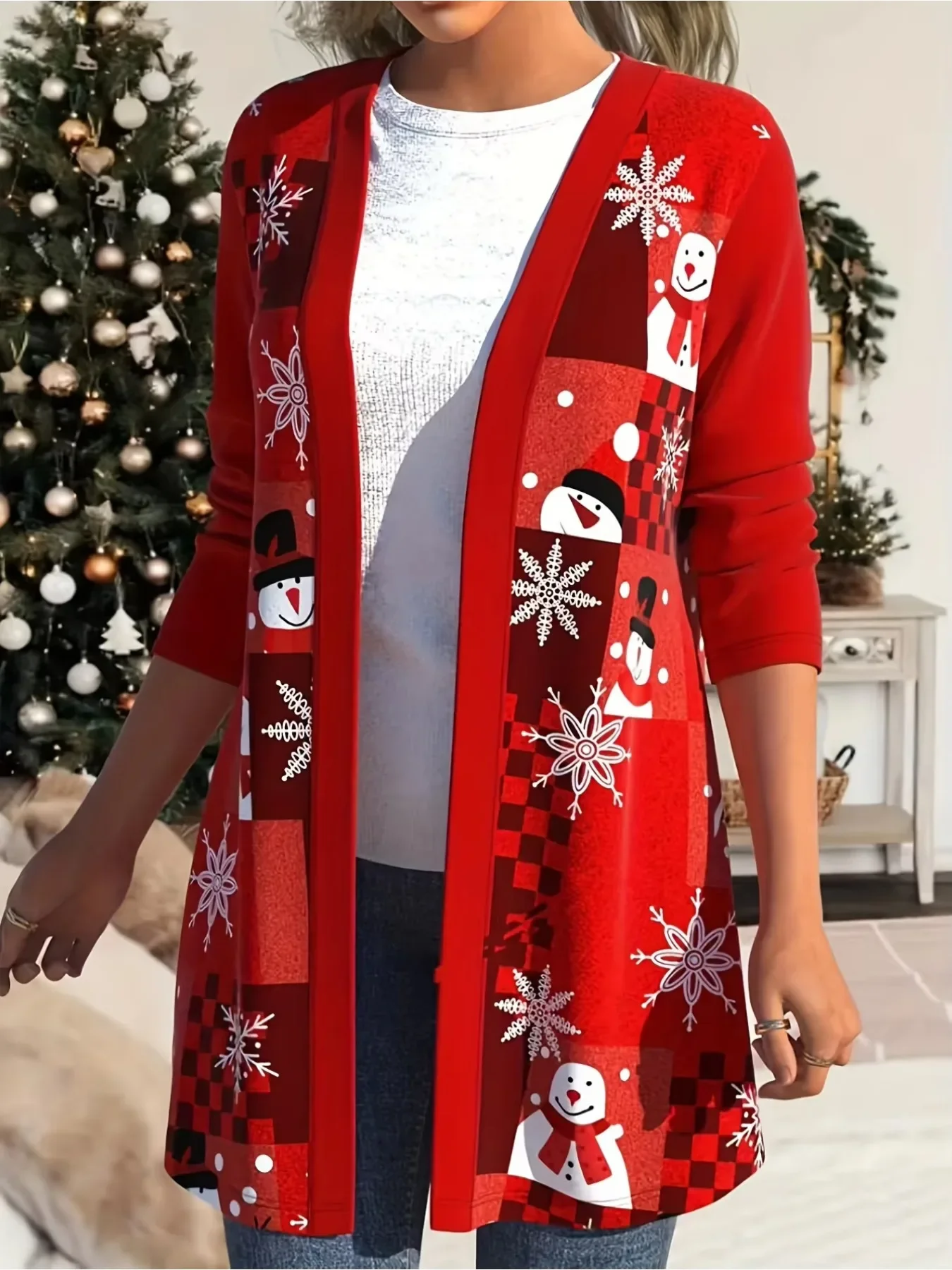 Plus Size Women Christmas Print Open Front Cardigan Long Sleeve Stretch Casual Ladies Coat