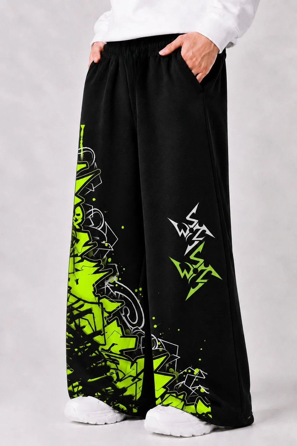 New Hip-hop Style Wide-leg Trousers in Black Featuring Abstract Graffiti Prints—loose, Y2K-inspired Streetwear-style Sweatpants.