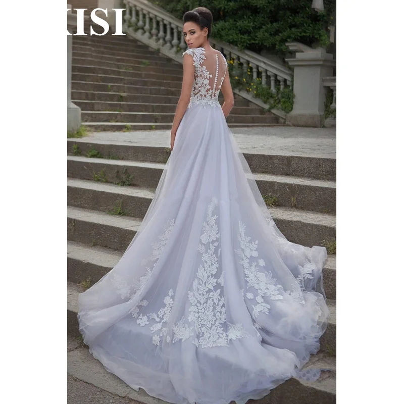 Classic Wedding Gowns Dresses Tulle Scoop Neck Lace Applique Cap Sleeve Sleeveless Long Length Fashion For Women