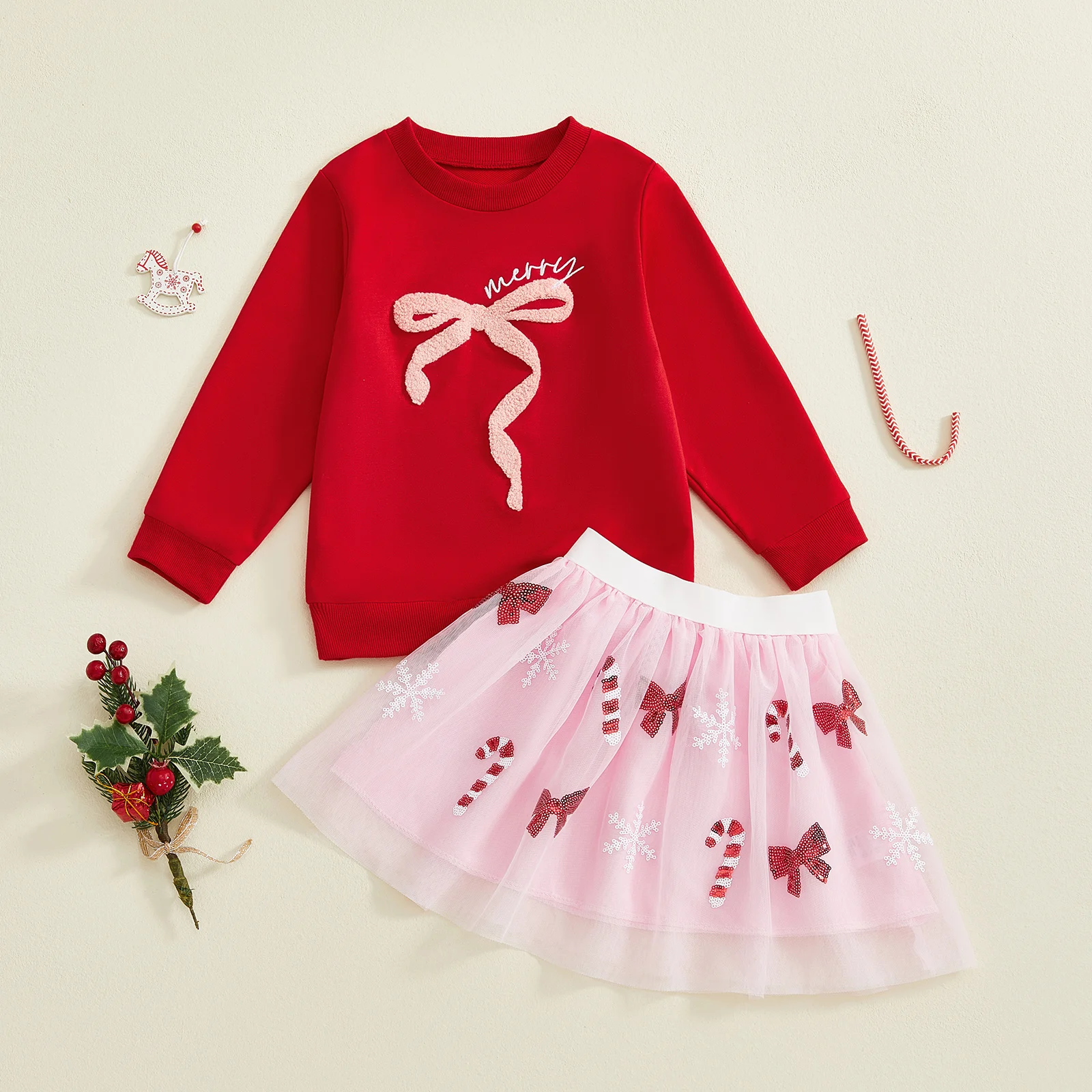 

Kids Girl Christmas Outfit Bow Embroidery Long Sleeves Sweatshirt and Sequin Candy Cane Tulle Skirt 2 Pcs Set