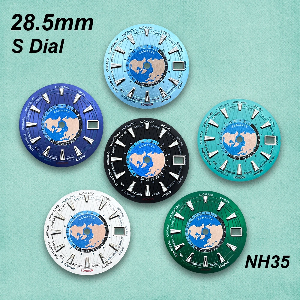 

28,5 мм S логотип карта мира циферблат подходит для NH35/NH36/4R/7S японский автоматический механизм зеленый светящийся аксессуар для модификации часов
