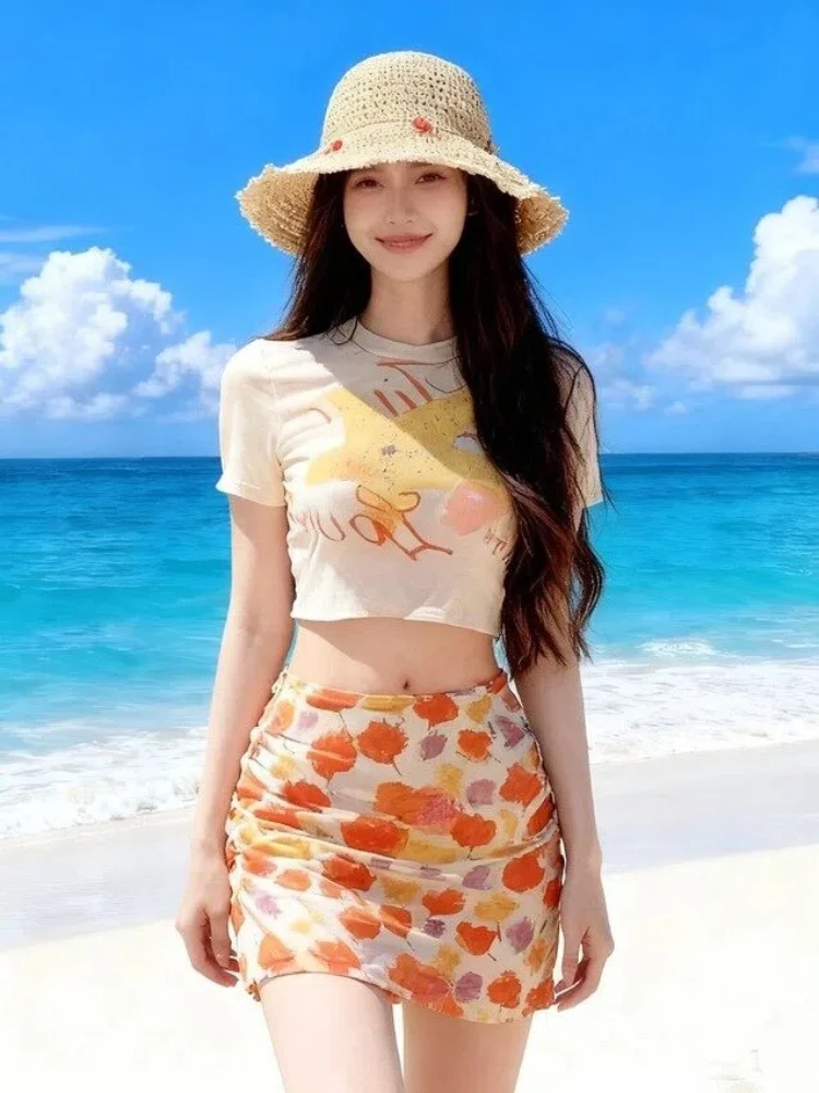 Bikini Set 4-Piece Floral Print & Sexy Design Hot Girl Vacation Swimsuit Summer Crop Tops Sexy Skirt Mini Sundress Cover Up Ropa