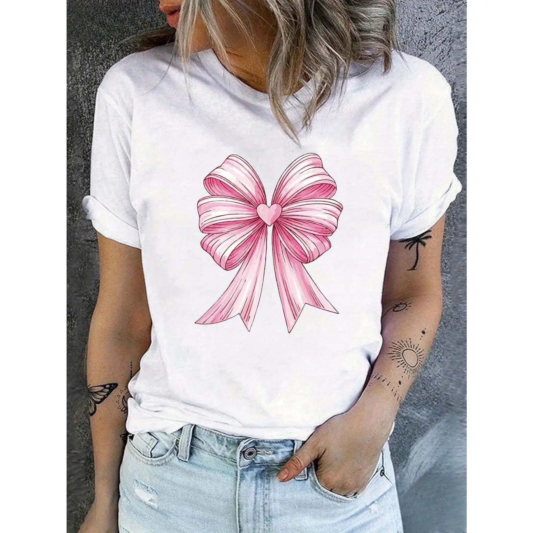 

Kawaii Pink Bow T-shirt for Women Y2K Fairycore Grunge Aesthetic Loose Casual Summer Top Streetwear Cute Bowknot Clothing