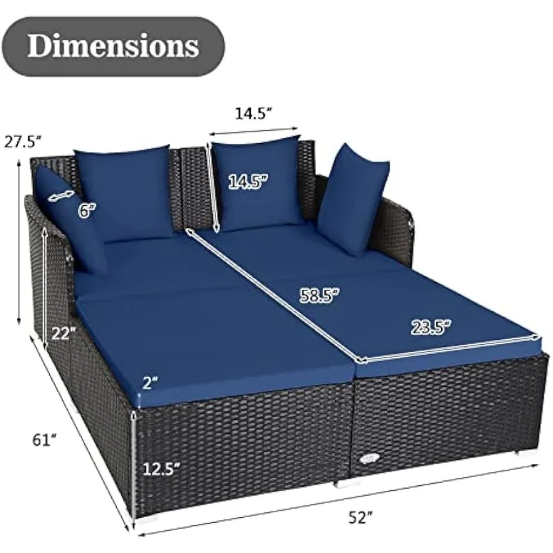 Patio Loveseat Sofa Set w/Comfortable Cushions, Extra Pillows & Metal Foot, Sunbed Wicker Furniture , Navy