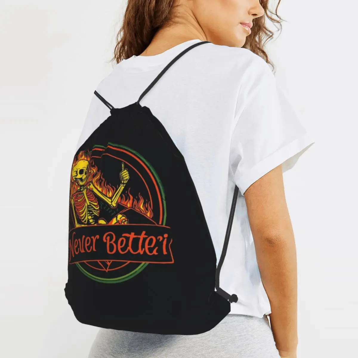 Never Better Funny Skeleton Fire Mochilas de moda con cordón ajustable, bolsa deportiva, bolsas para libros para estudiantes y viajes
