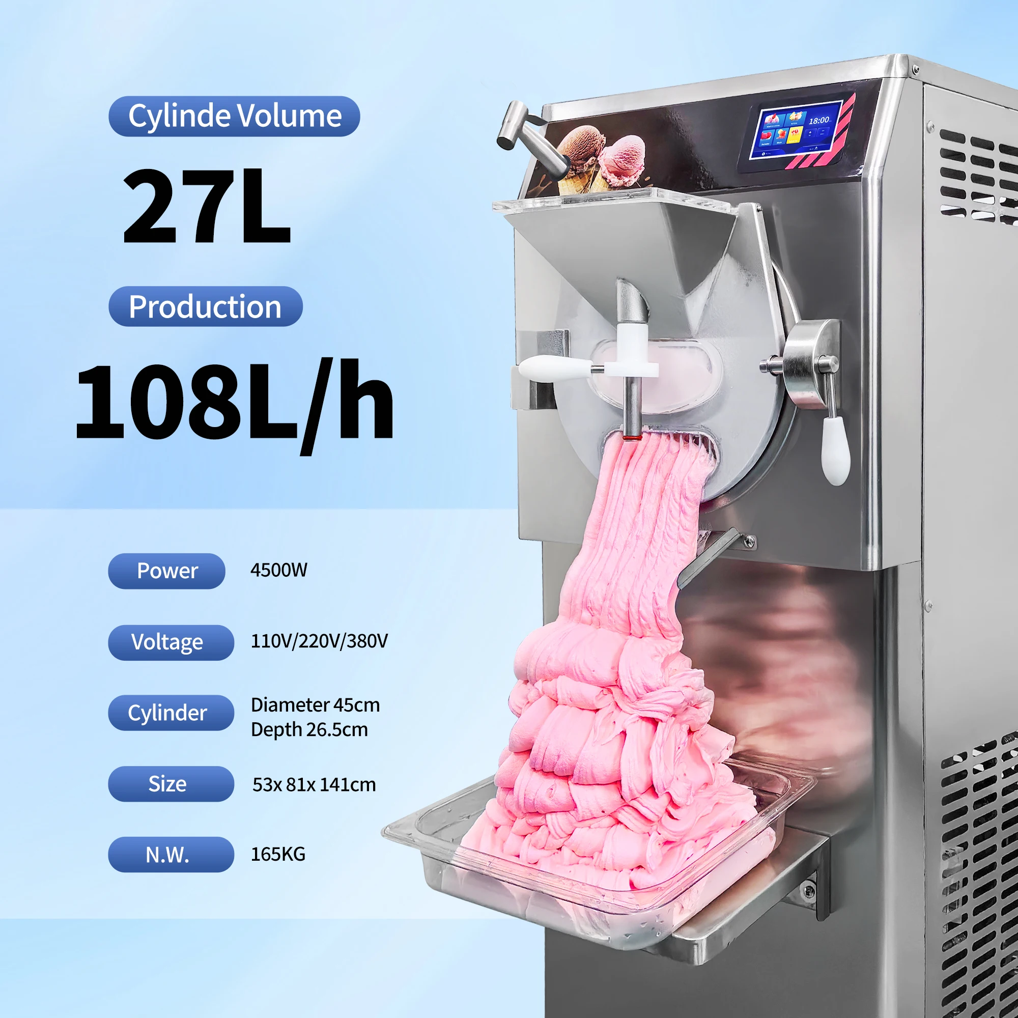 108L/H 10 Program CE/ETL Certificate Commercial Hard Ice Cream Machine Batch Freezer Italian Gelato Maker for Sale