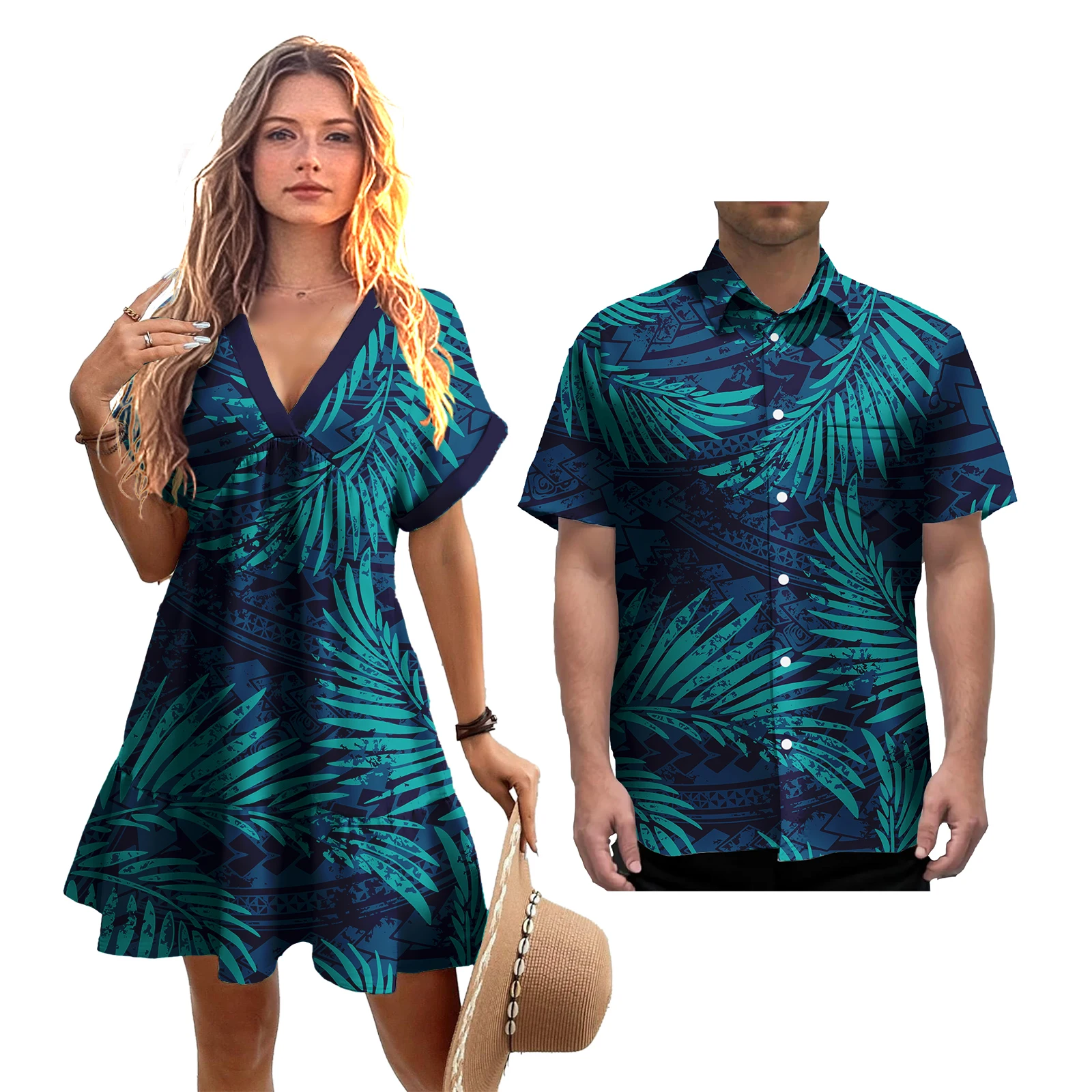 คนรักหวานคู่เสื้อผ้า Polynesian TRIBAL ดอกไม้พิมพ์ CUSTOM Lady Elegant ชุดลําลองผู้ชาย T เสื้อ