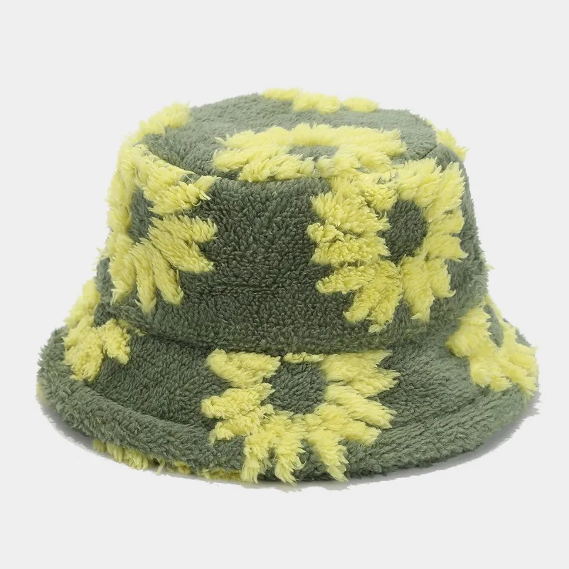 Small Fresh and Fashionable Flower Pattern Plush Bucket Hat Women's Fashion Versatile Casual Basin Hat Outdoor Warm Hat