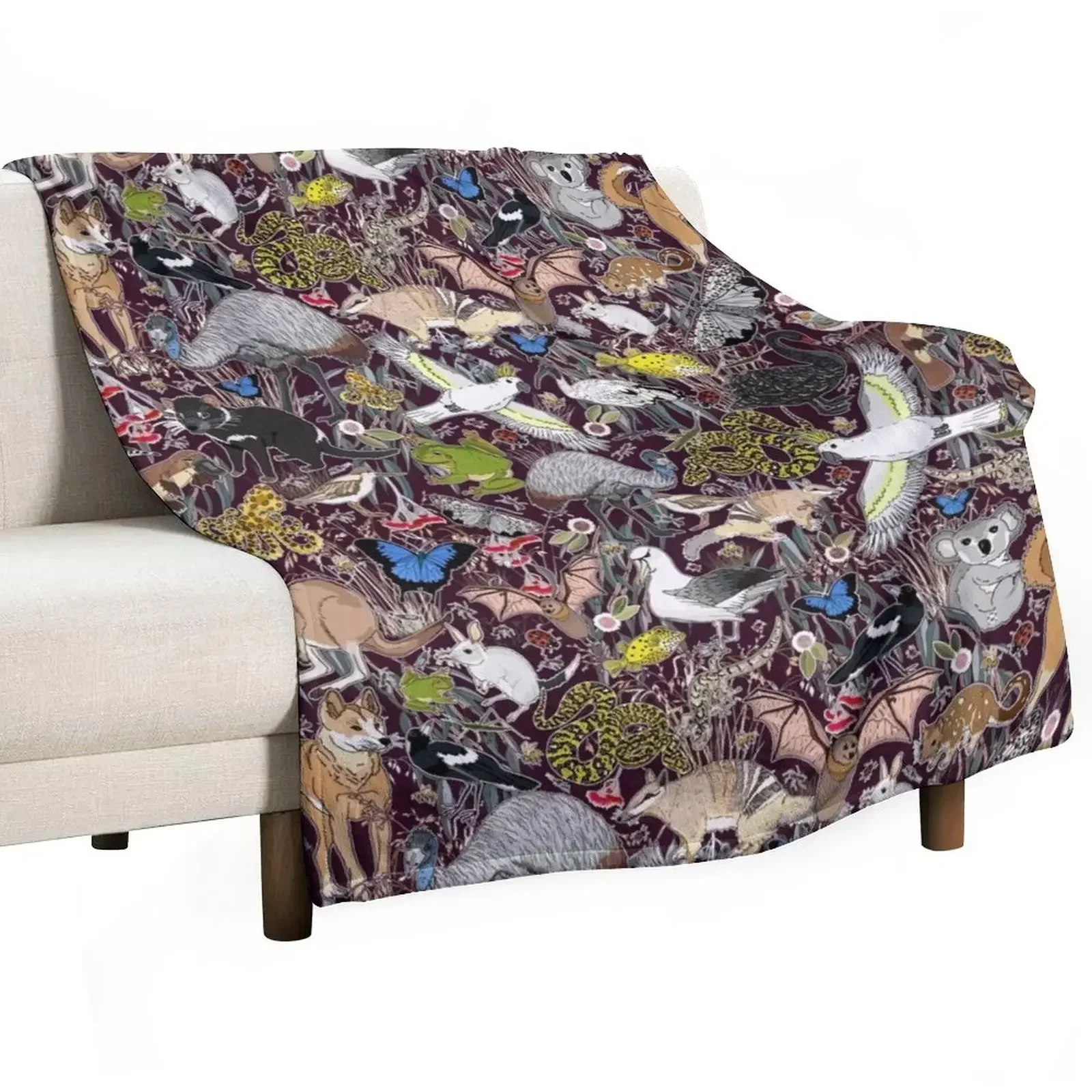 Fauna Australiana - aubergine Throw Blanket blankets and throws Soft Beds Blankets