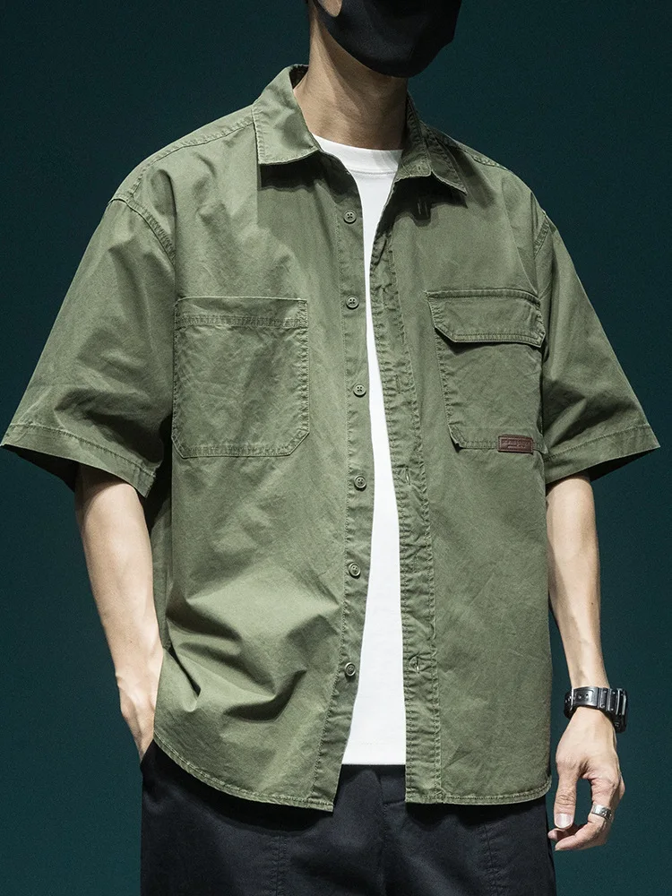 2025 Japanese Retro Heavy Wash Short-sleeved Shirt Men's Tops Summer American Loose Workwear