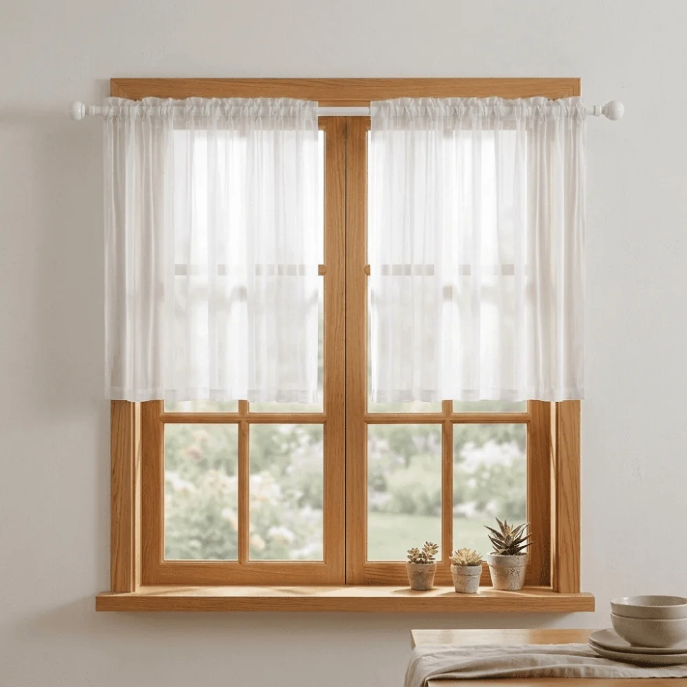 Light Filtering Short Curtains Solid Color Through-rod Design Tulle Curtains Transparent Gauze Valance Curtains Cabinet