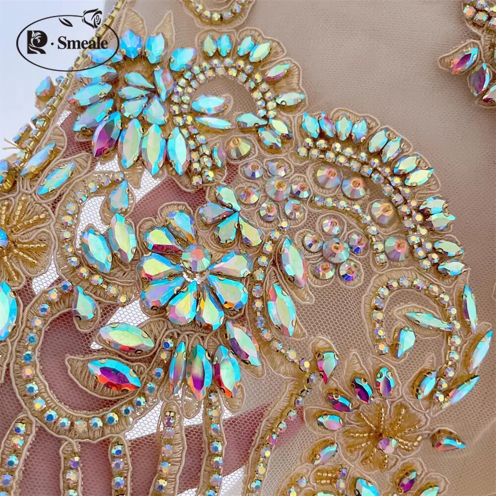 Hautfarbener, handgenähter AB-Glas-Strasskragen. Funkelnder Strasskragen, Blumen, Schal, Schultern, Hochzeitskleid, DIY-Applikation RS4852 – Detail 5