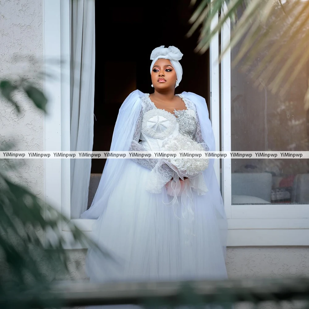 Beaded Sweetheart Wedding Robes O-Neck Full Sleeve A-Line Lace Pearls Ivory Maid of Honor Dress Wedding Party Gowns Customized