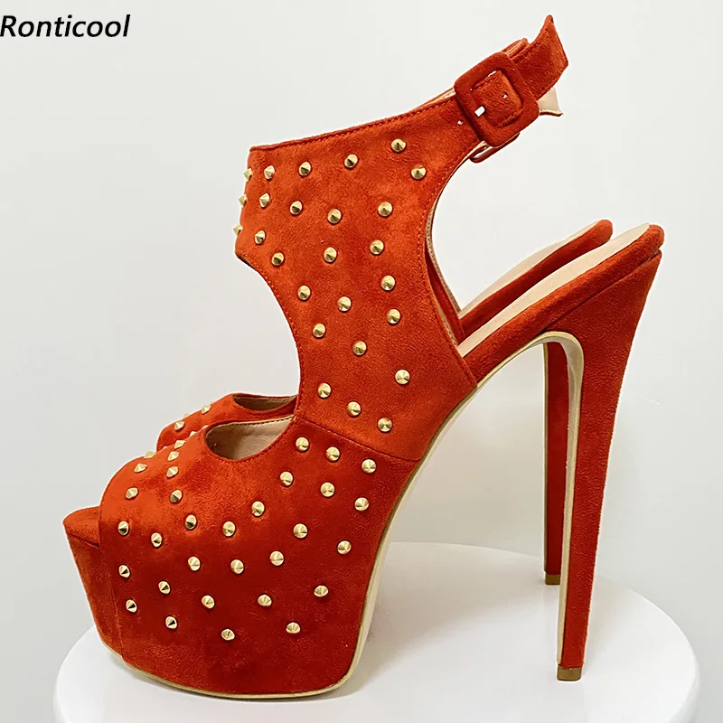 

Ronticool New Stylish Women Gladiator Sandals Studs Unisex Stiletto Heels Peep Toe Gorgeous Orange Fuchsia Shoes US Size 5-20
