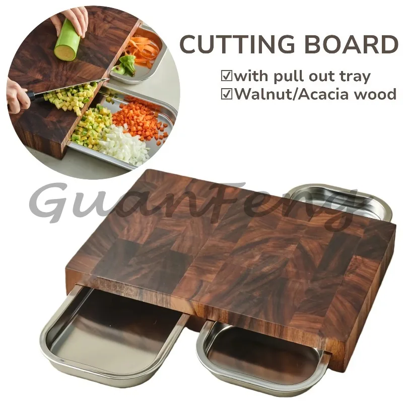Wood cutting board with pull out tray for kitchen use for vegetables