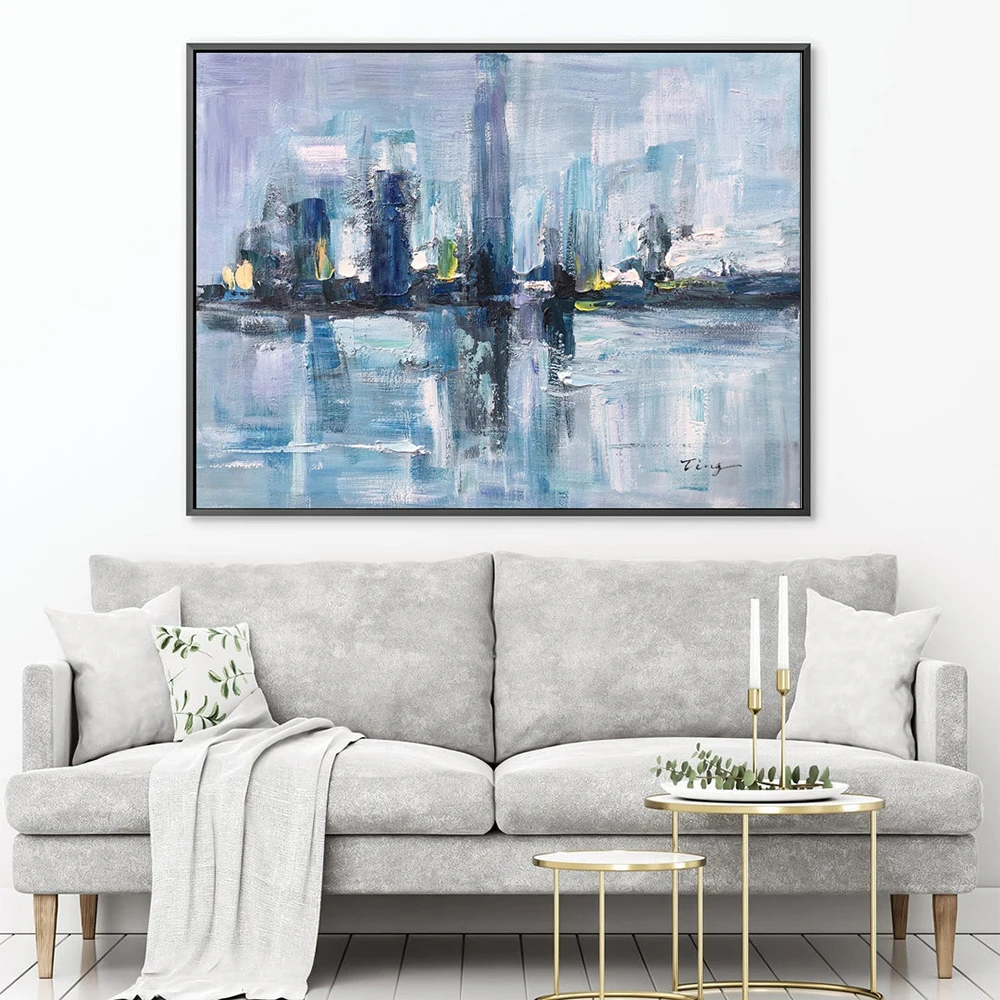 Hand Painted Oil Painting Large Blue Green Abstract Painting Blue Abstract Textured Painting City Skyline Painting Modern Art