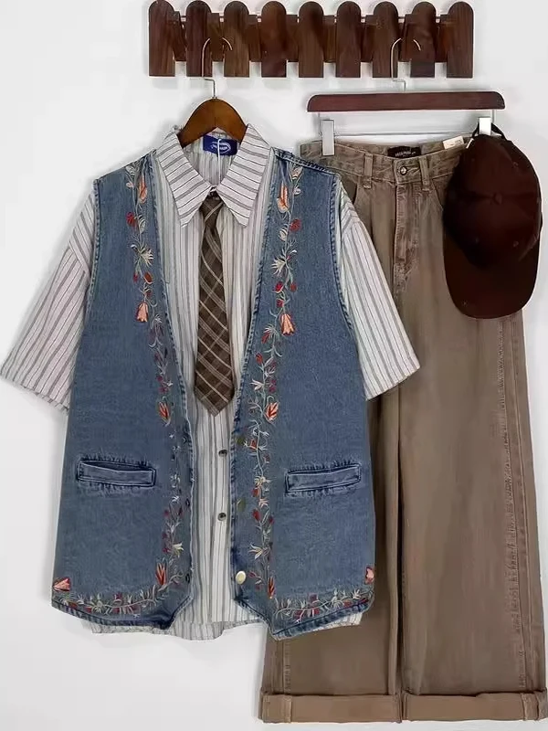 

Комплект из джинсовой жилетки большого размера с вышивкой и широких брюк для мужчин и женщин, летний, в американском ретро-стиле