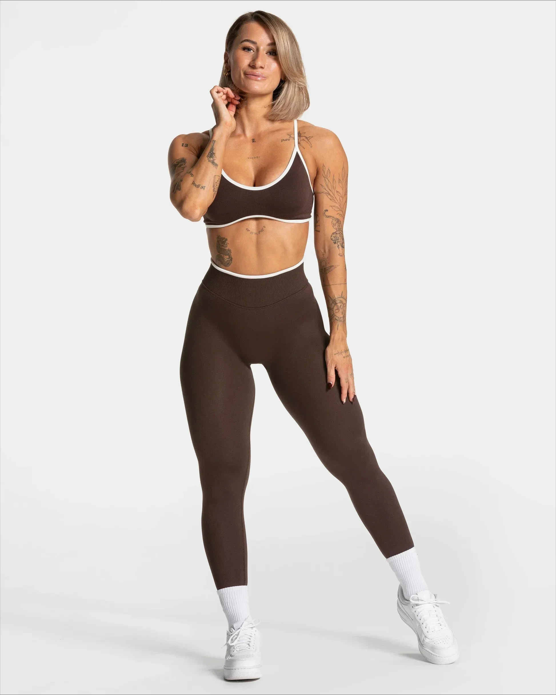 Nahtlose Sport-Leggings für Damen, weißer Rand, Taille, eng, hohe Taille, Hüftheben, Yoga-Hose, Fitnessstudio, Lauftraining, einfarbige Hose – Detail 12