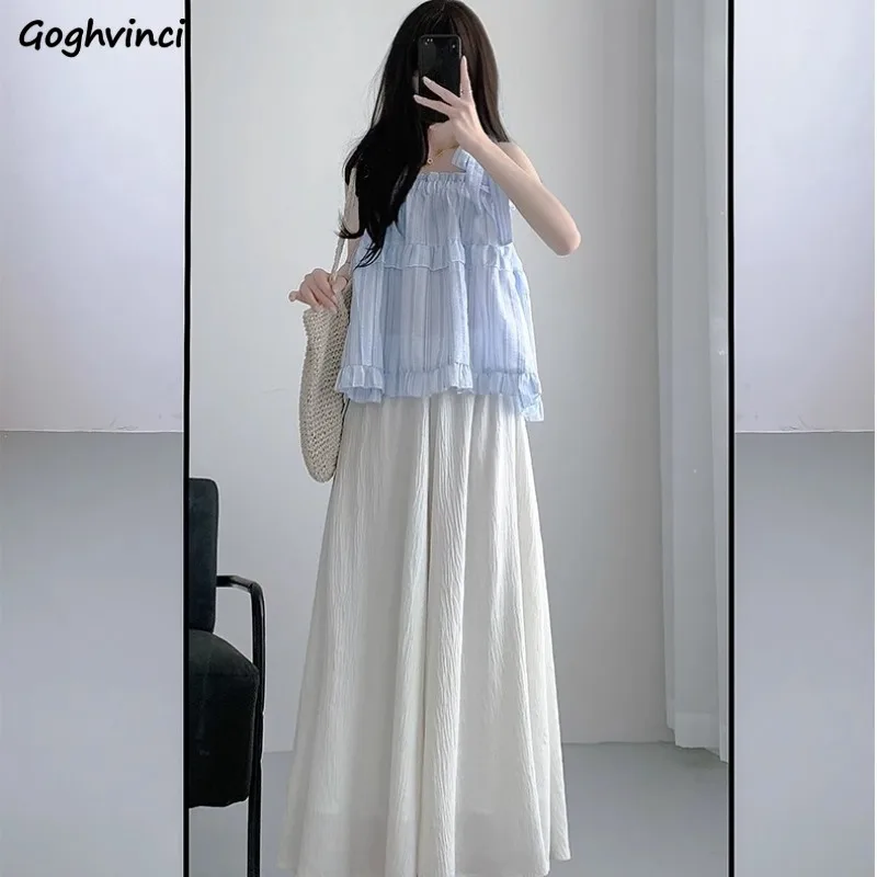 

Women White skirt pants High-waisted Skirt Pleated Wide Leg Pants Solid Comfortable High Elastic Waist Korean Style