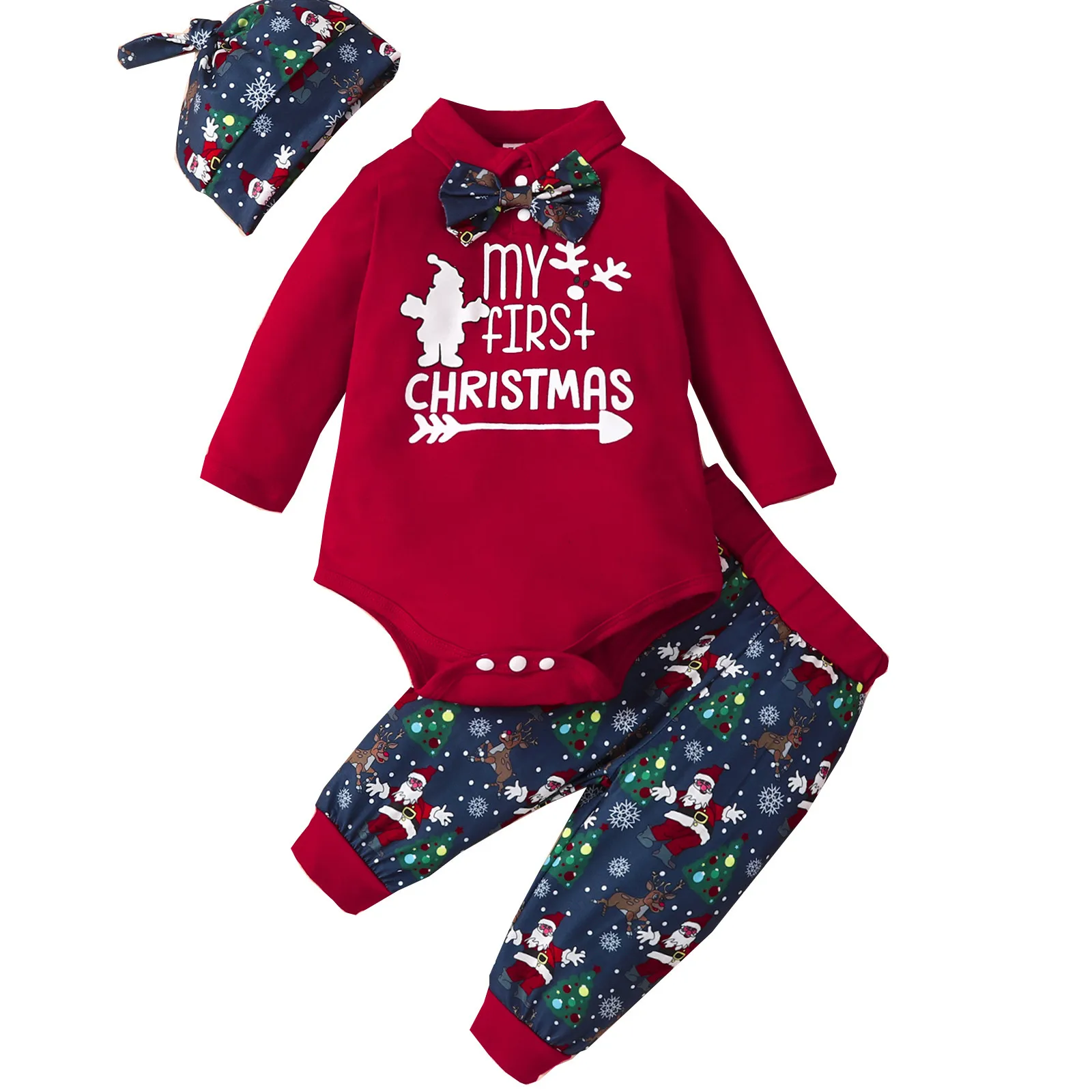 Infant Boys Girls Winter Long Sleeve Christmas Santa Cartoon Prints Romper Pants Hat Outfits New Born Baby Clothes for Girl