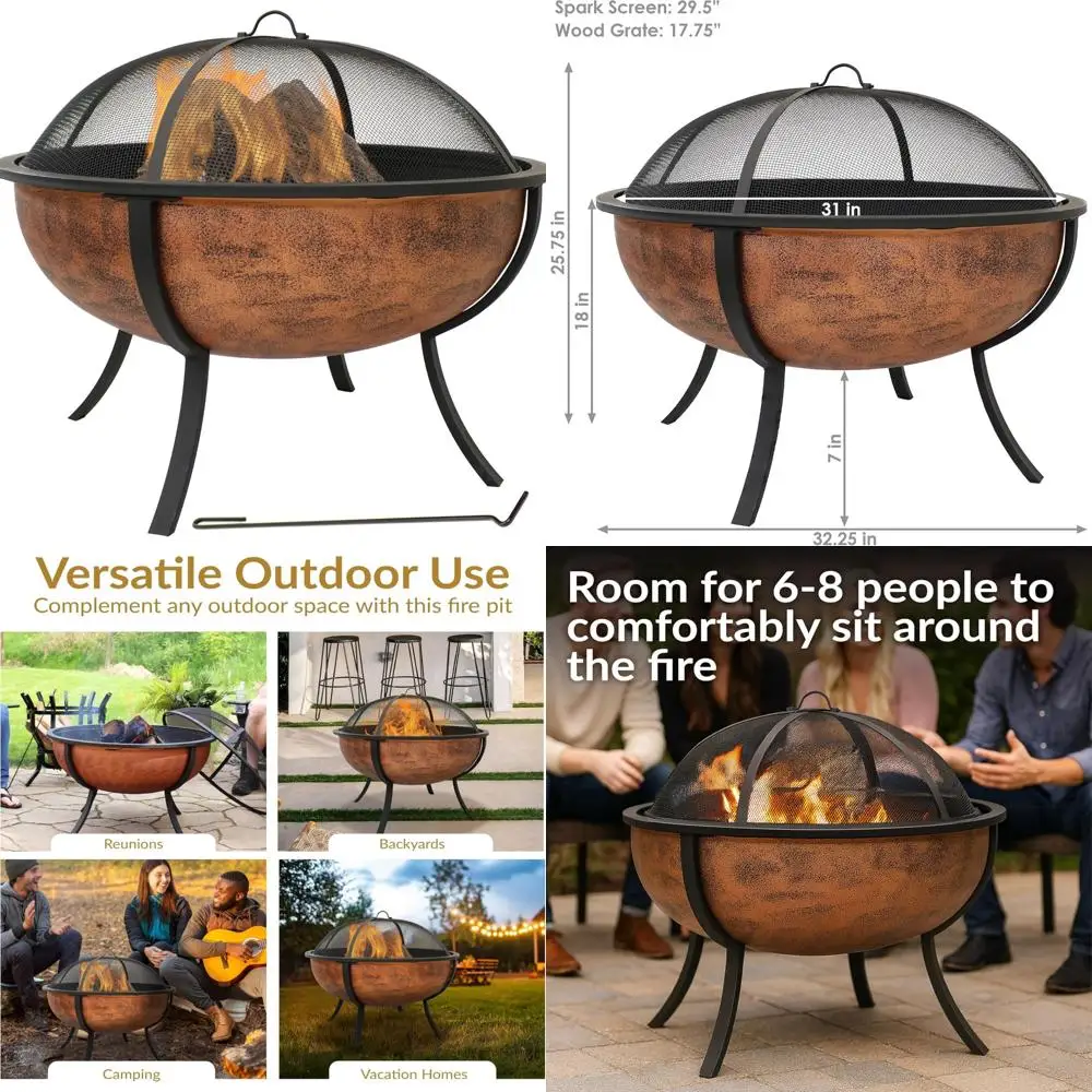 

32-Inch Outdoor Copper Fire Pit Bowl with Wood-Burning, Spark Screen, Grate, and Poker