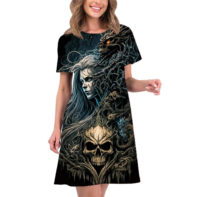 Big Size Women Dresses Summer Art Hip Hop Skeleton Graphic 3D Printed Dress Casual Short Sleeve Loose Women Fashion Clothing