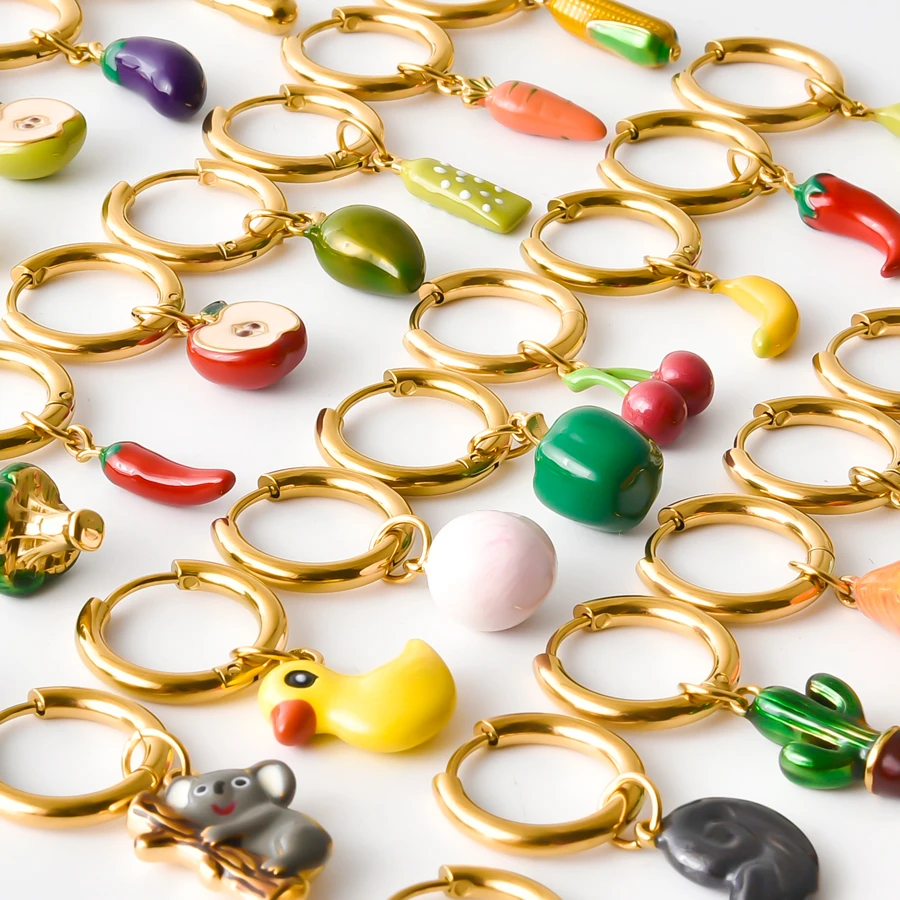 316 Edelstahl Stereoskopische Kawaii Enten-Erdbeer-Kirsch-Paprika Hängeohrringe für Damen und Herren Schmuck Piercing Geschenk – Detail 2